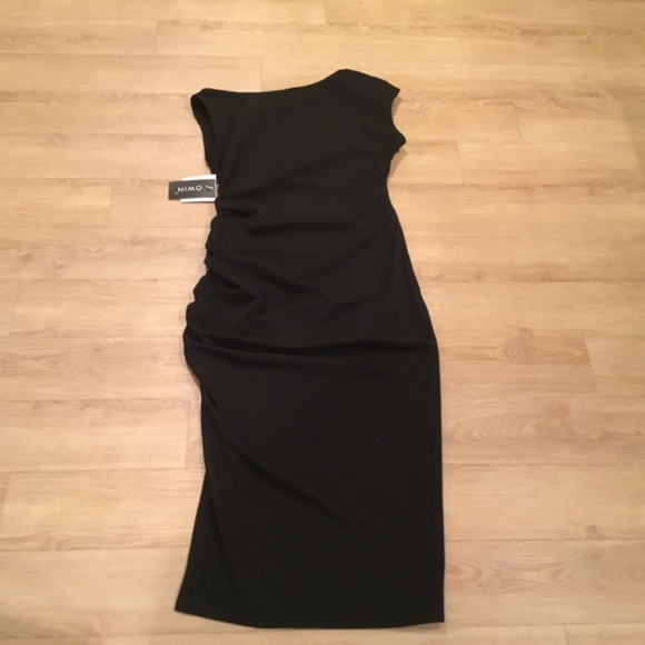 NWT OWIN Black Off Shoulder Ruched Bodycon Cocktail Midi Dress Size Medium - Picture 7 of 7